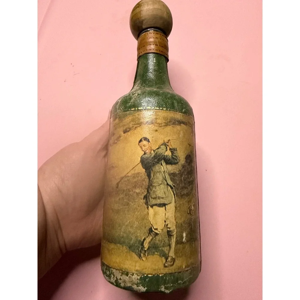 Vintage Leather‎ Wrapped Golf Decanter Glass Bottle Green Golfer Barware Decor